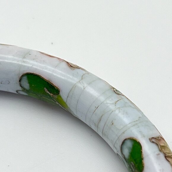 Vintage Cloisonne Floral Bangle Bracelet Hinged White with Flowers Damaged - Picture 6 of 10
